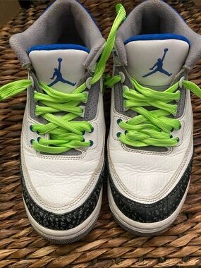 Jordan Kids White Sneakers with Neon Green Laces and Blue Accents